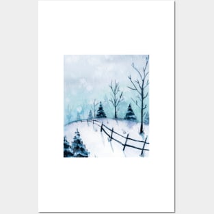 Winter landscape Christmas watercolor Posters and Art